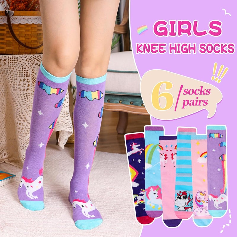 Eocom Girls Knee High Socks Kids Crazy Fun Gift Silly Tall Boot Cute Animal Cotton Long Socks 6 Pairs - Image 2